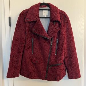 Avec Les Filles Faux Sherling Biker Jacket, Medium, Burgundy